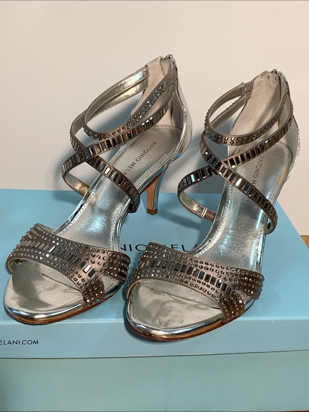 ANTONIO MELANI Metallic Silver Strappy Studded Heels